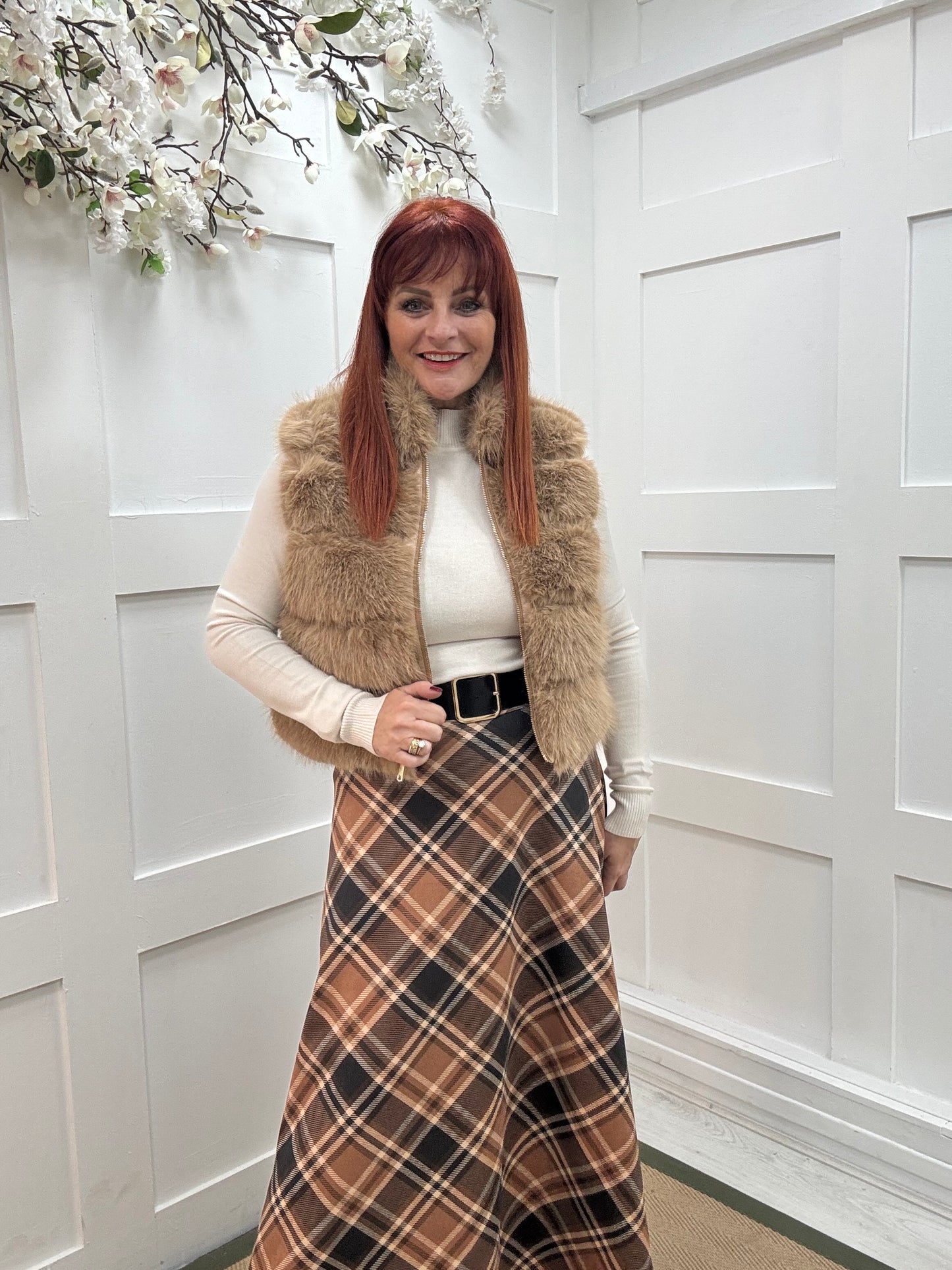 Billie: Cream high neckline plain top. Two sizes.