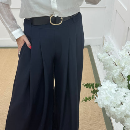 Zina: Navy pocket wide leg trousers. One size: 8-14
