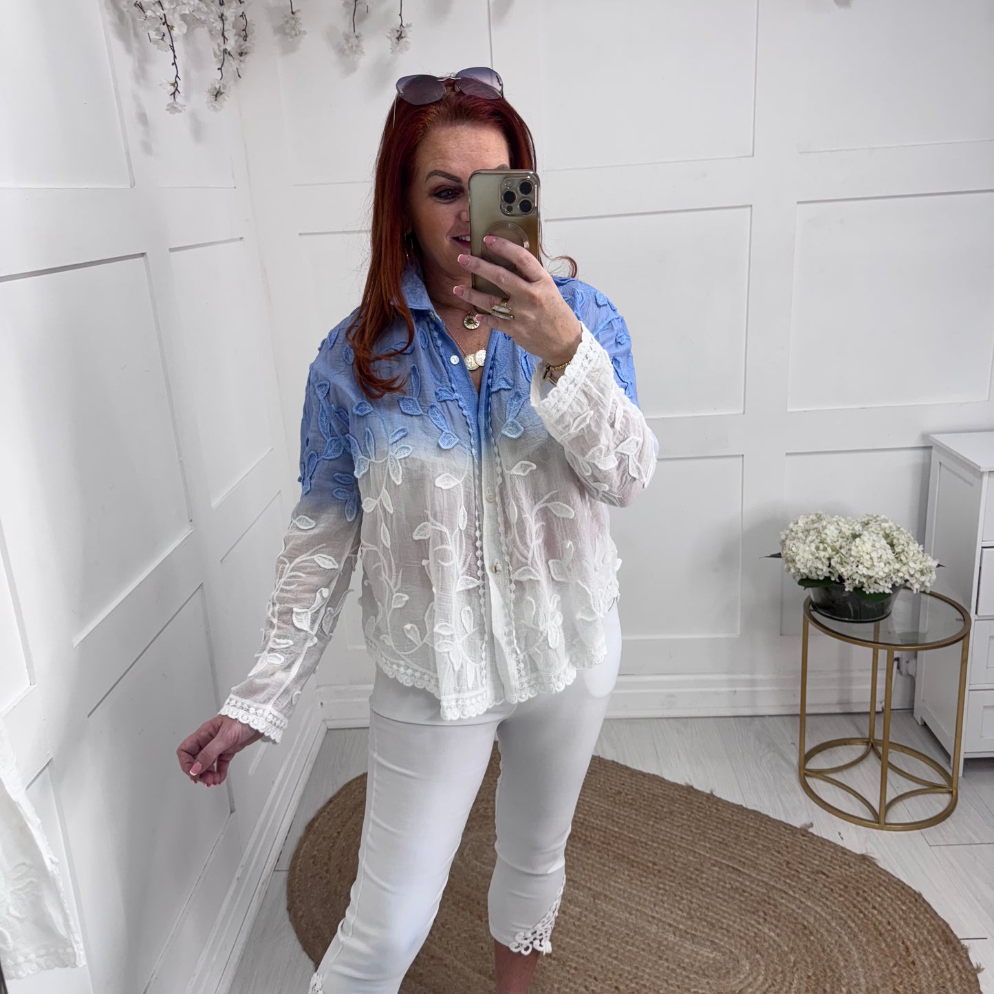 Jazz: Blue ombre embroidered leaf shirt. One size: 12-16