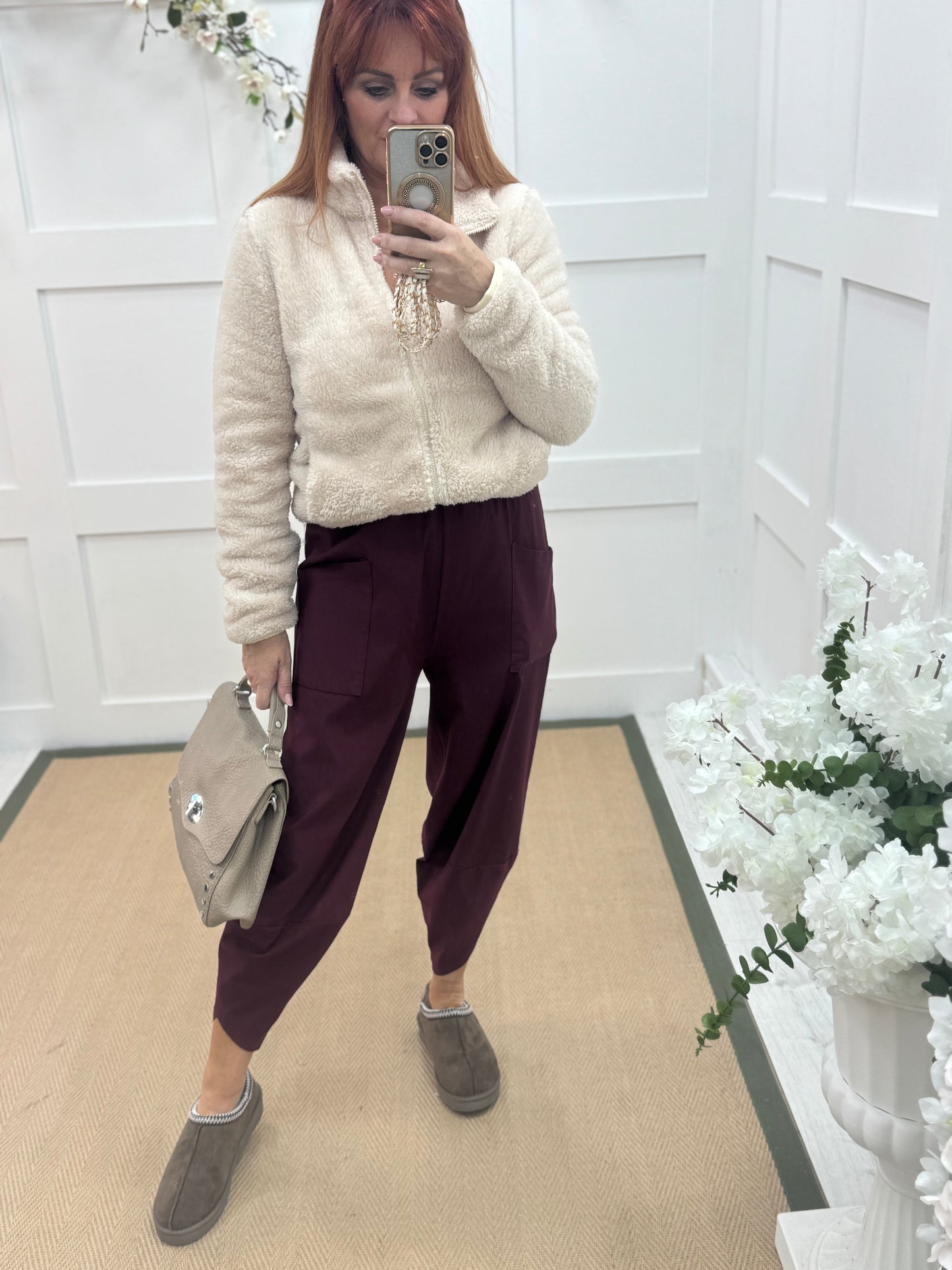 Taylor: Burgundy cocoon harem trousers. One Sz: 10-16