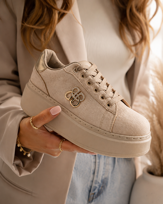 Roma: Beige platform designer inspired trainers. Sizes: 3-8