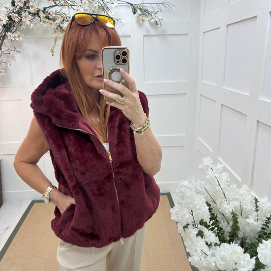 Sophie:  Burgundy faux fur hoodie gilet. One size 12-18