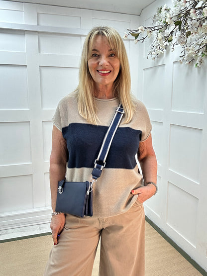 Selma: Stone & navy block stripe top. One size: 12-18