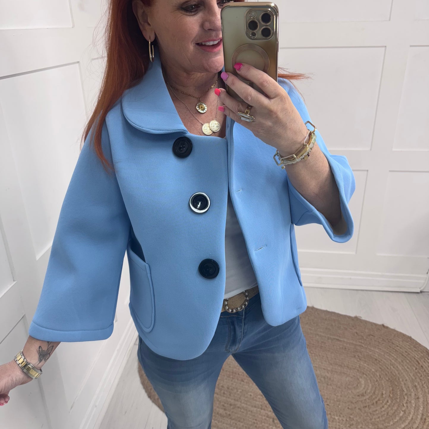 Margot: Blue short large button jacket. One size: 10-16