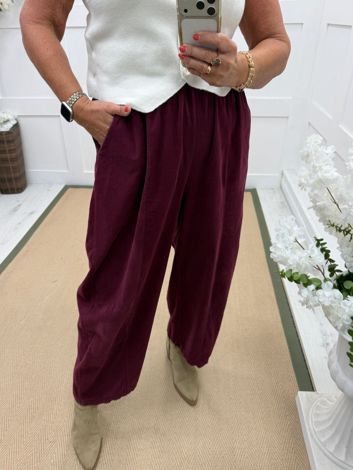 Carly: Needle cord balloon leg trousers. One size: 12-20. 3 colours