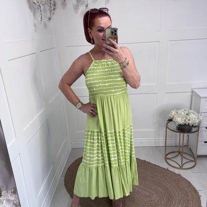 Serena: Lime strappy striped midi dress. One size: 10-14