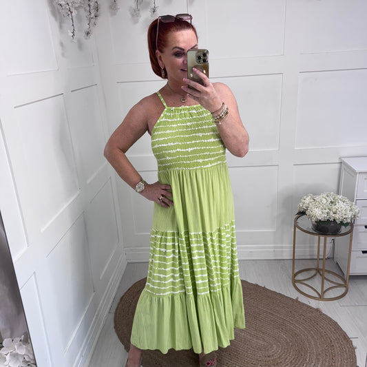Serena: Lime strappy striped midi dress. One size: 10-14