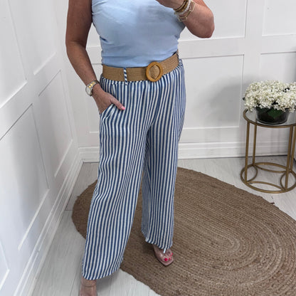 Tiff: Blue stripe wide leg belted trousers. One size: 8-14