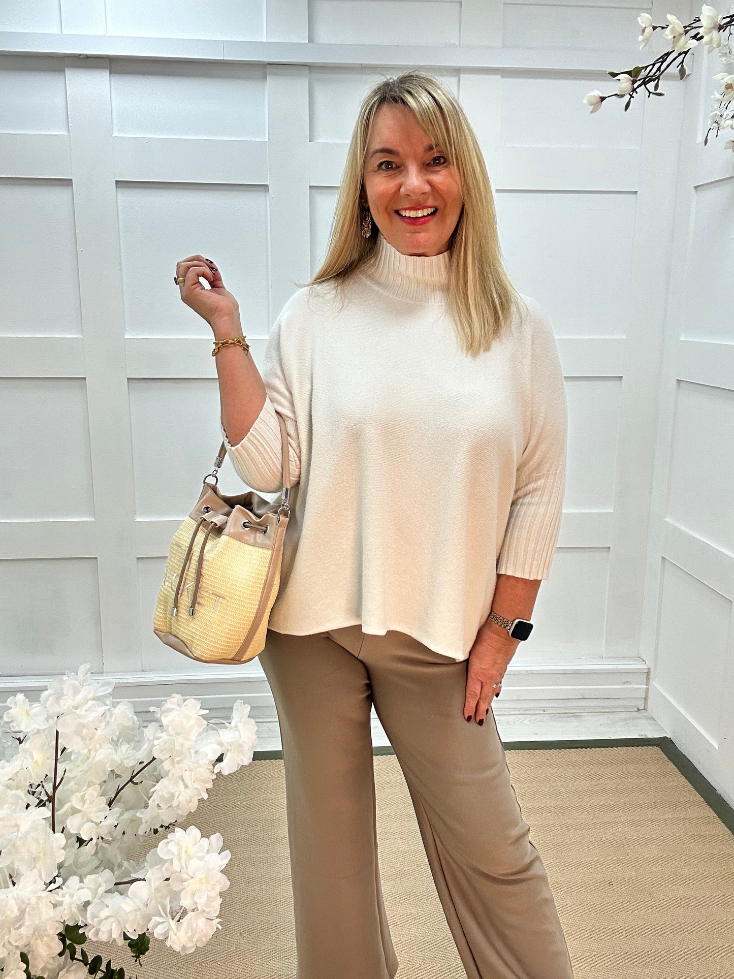 Sammie: Oatmeal high neck knitted top. One Sz: 12-18