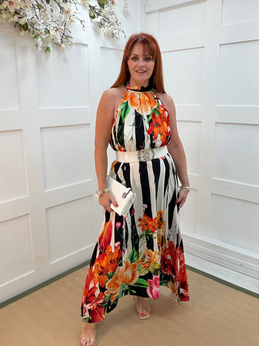 Kaya: Halter neck floral & stripe maxi dress. One size: 14-20. 3 colours