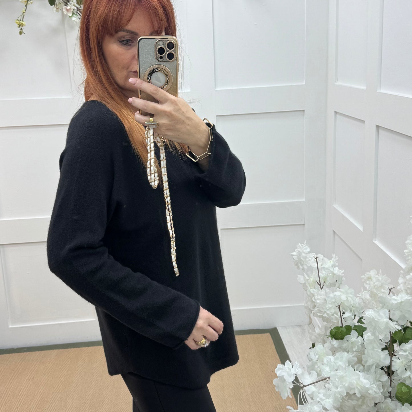 Mindy: Black plain long sleeve knit top. One size: 10-16/18