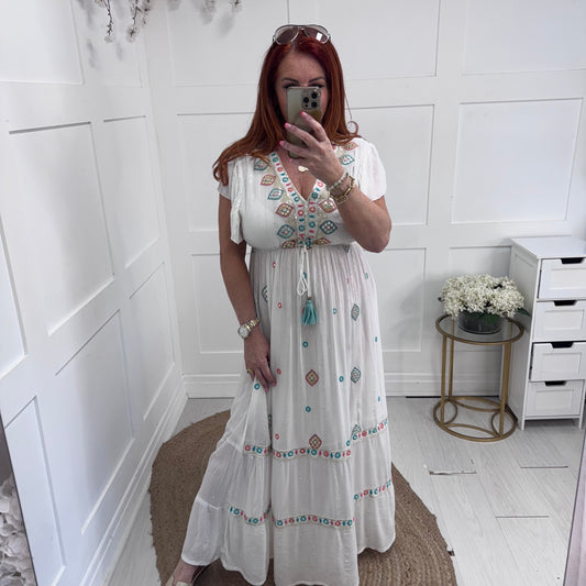 Georgia: White & green embroidered maxi dress. One size: 8-16