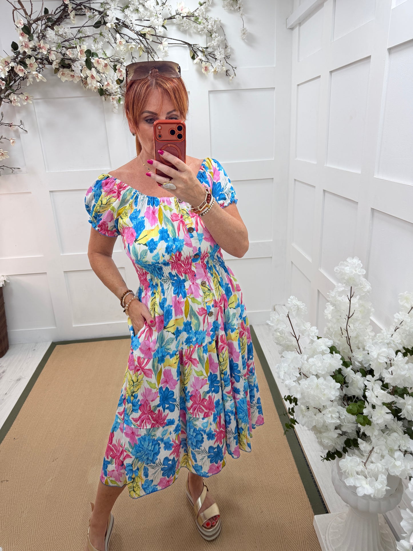 Florrie: Floral buttoned front bardot printed stretchy midi dress. One size: 10-18. 2 colours