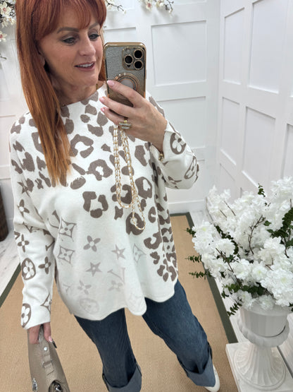 Alice: Brown & white leopard print top. One size: 12-20