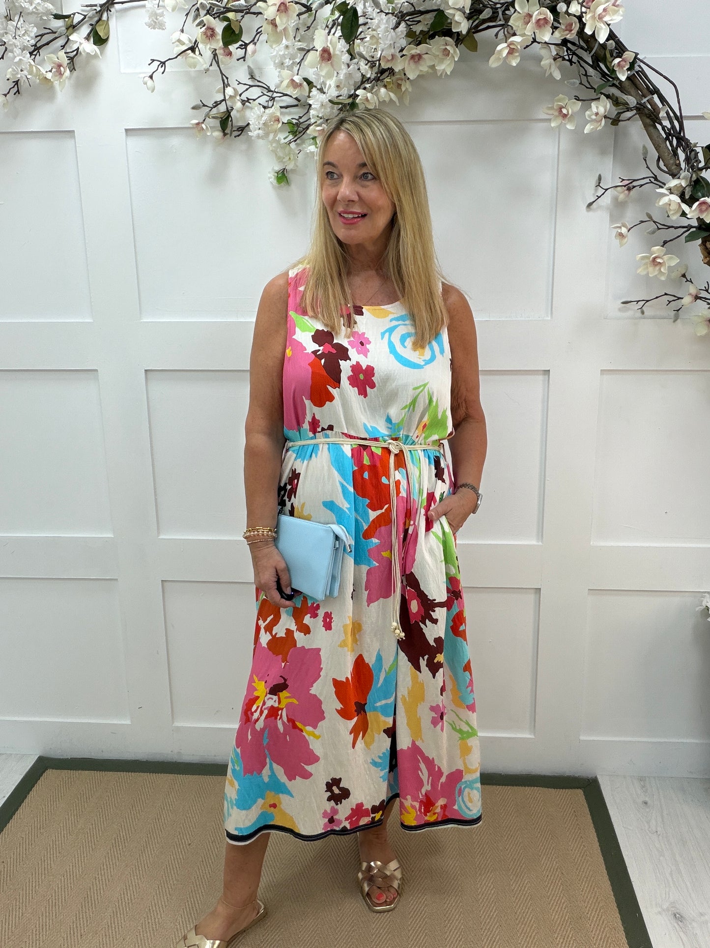 Cindy: Floral printed maxi dress with beaded belt. One size 16-20. 2 colours