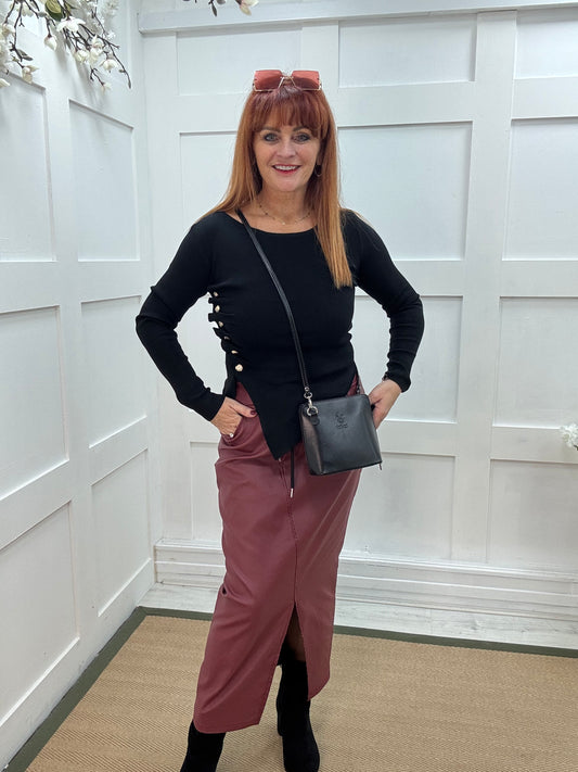 Audra: Black ruched gold button top. 2 sizes