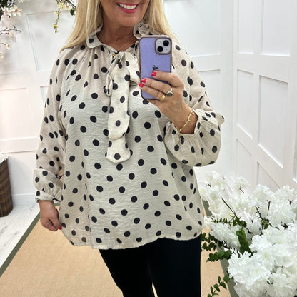 Dotty: Cream & black spotty tie top. One size: 14-20