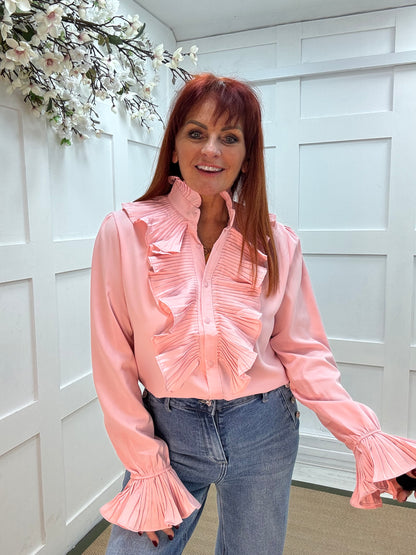 Roxie: Pink ruffle blouse. Two sizes.