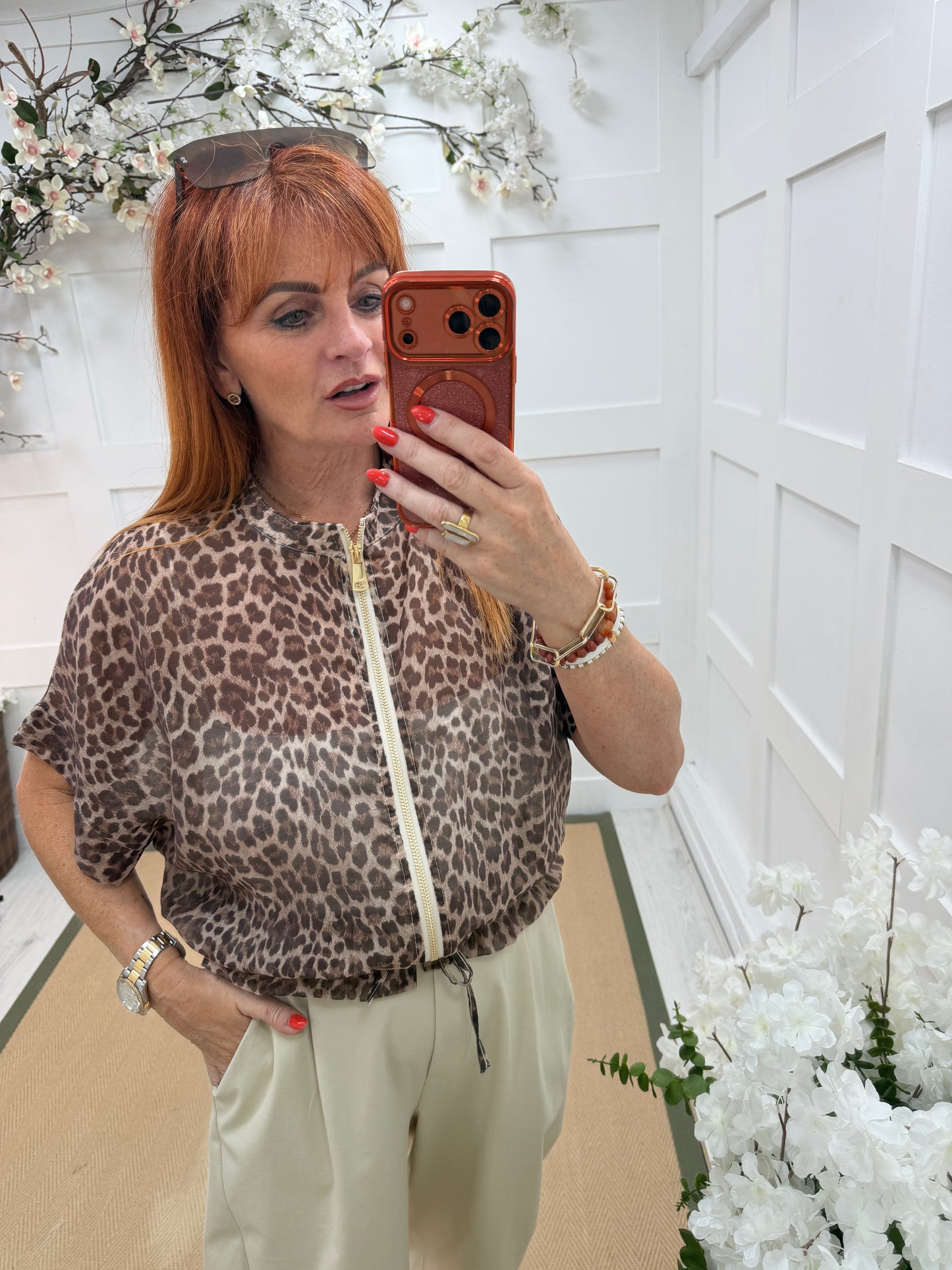 Liberty: Brown silky leopard print bomber jacket. One size: 10-16