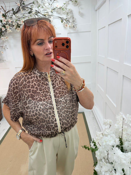 Liberty: Brown silky leopard print bomber jacket. One size: 10-16