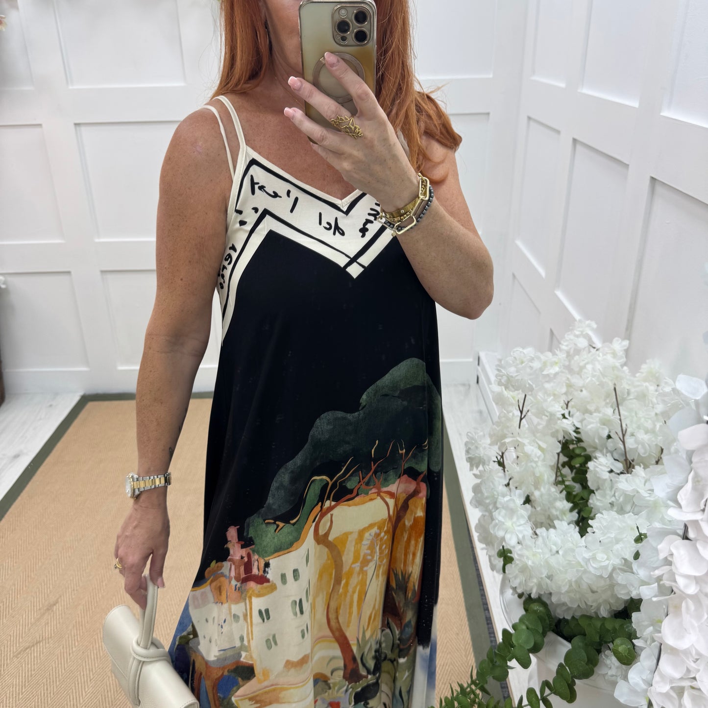 Ariana: Black Amalfi print maxi dress. One size: 12-16