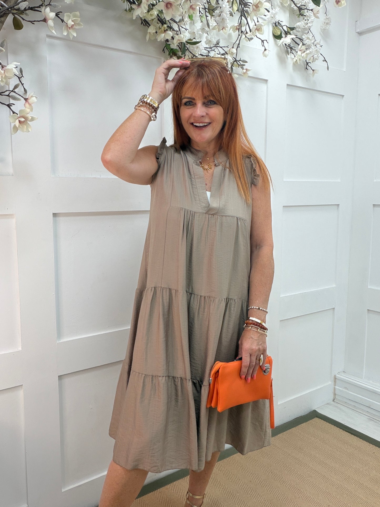 Imogen: Plain sleeveless tiered midi dress. One size: 10-14. 5 colours