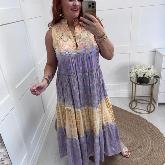 Florence: Peach & lilac embroidered maxi dress. One size: 12-16