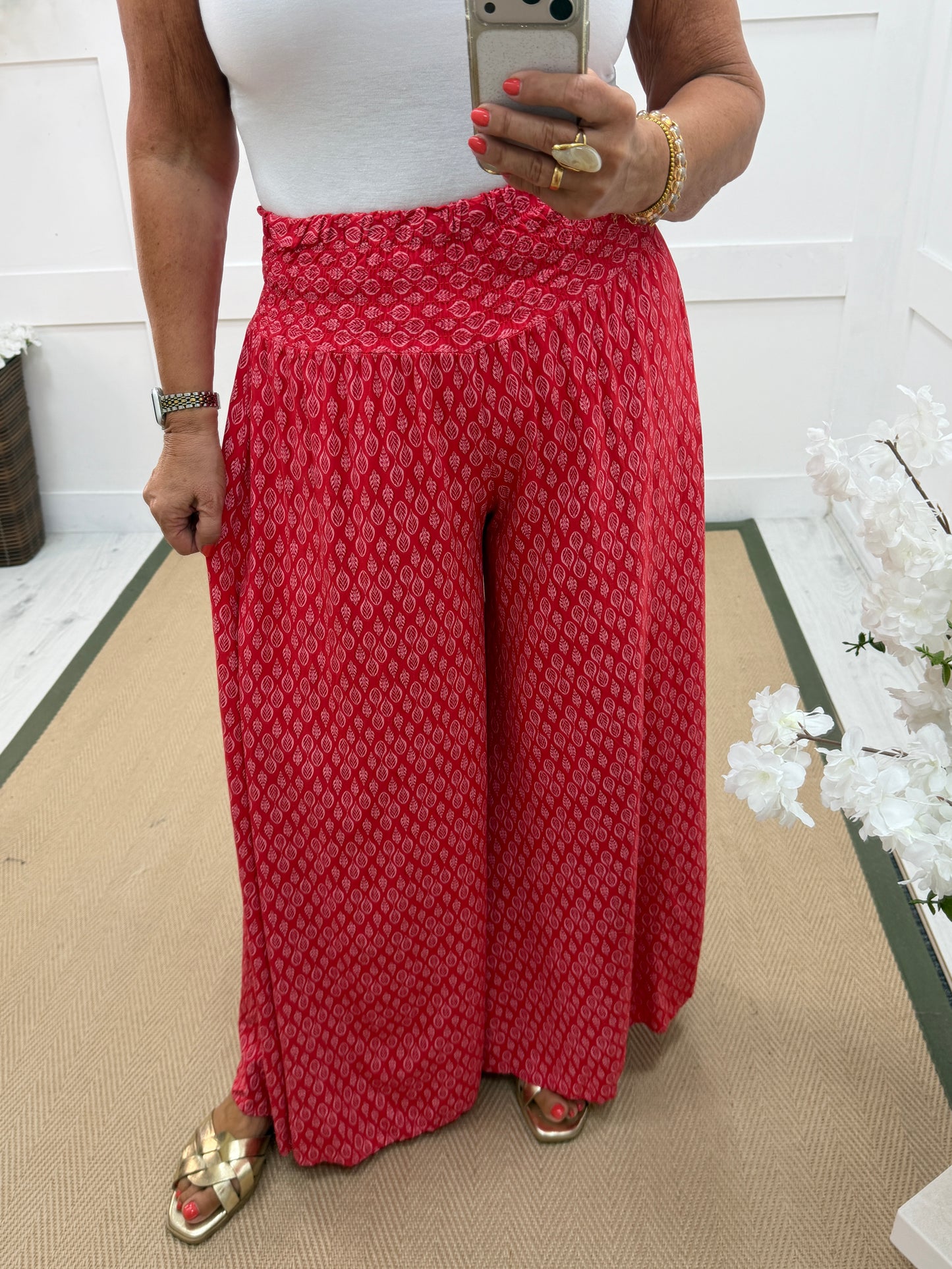 Tamara: Wide leg patterned trousers. One size: 10-16. 3 colours