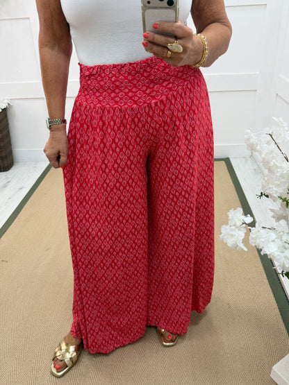 Tamara: Wide leg patterned trousers. One size: 10-16. 3 colours