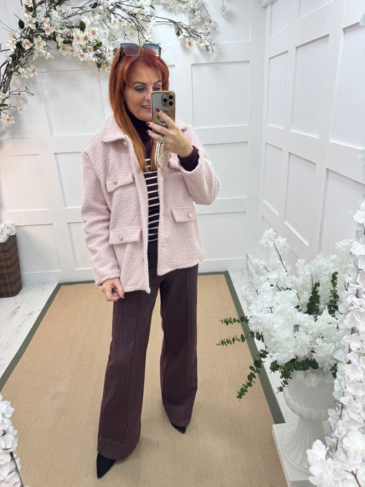 Bridget: Baby pink short boucle button jacket. One: 12-20