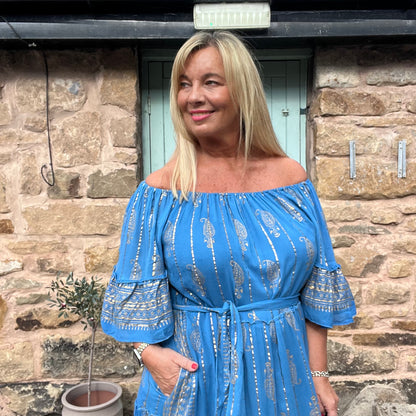 Candy: Blue gold foil maxi dress with belt. One size: 14-22