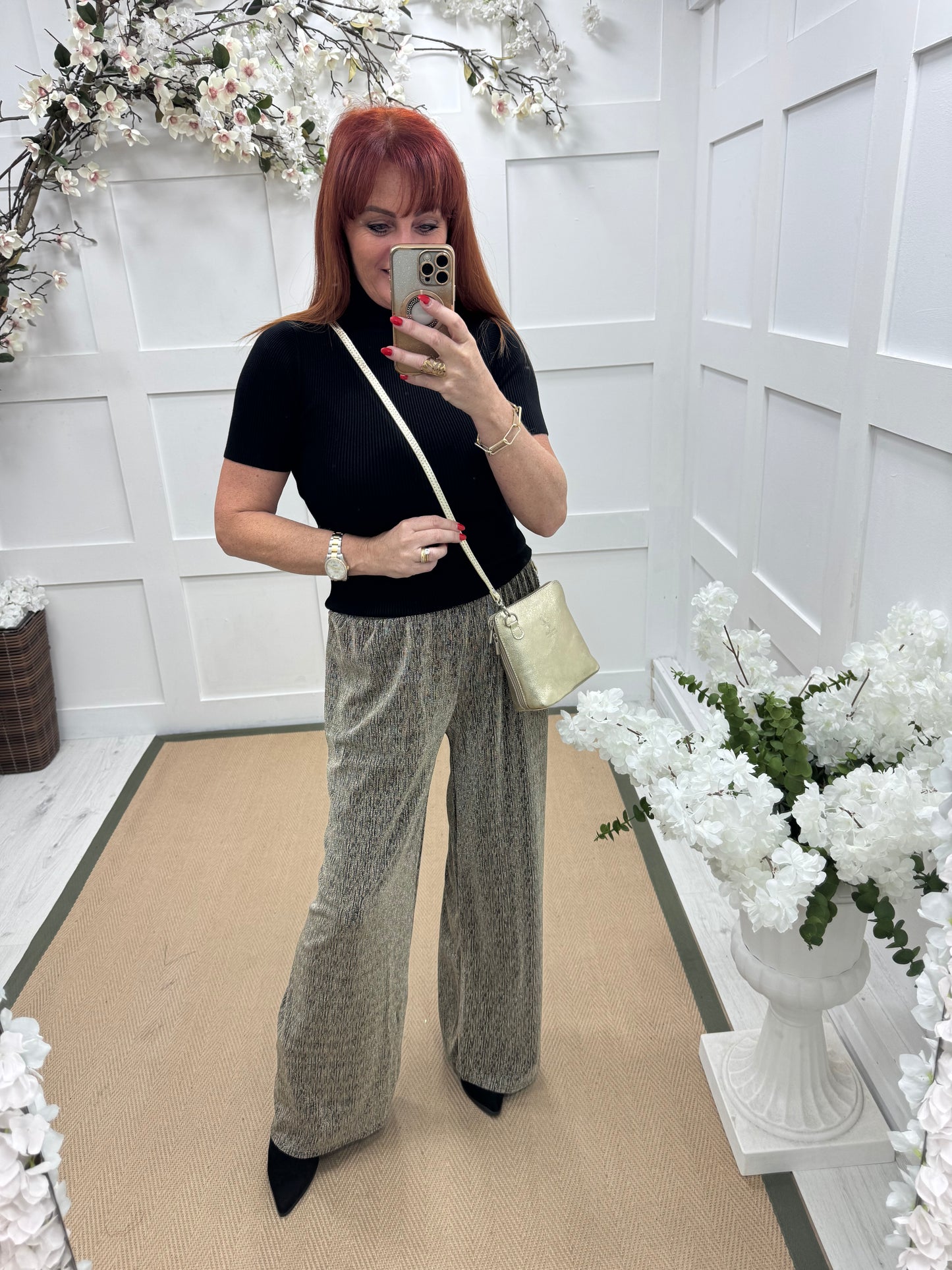 Sandy: Gold lurex wide leg trousers. One size: 12-18