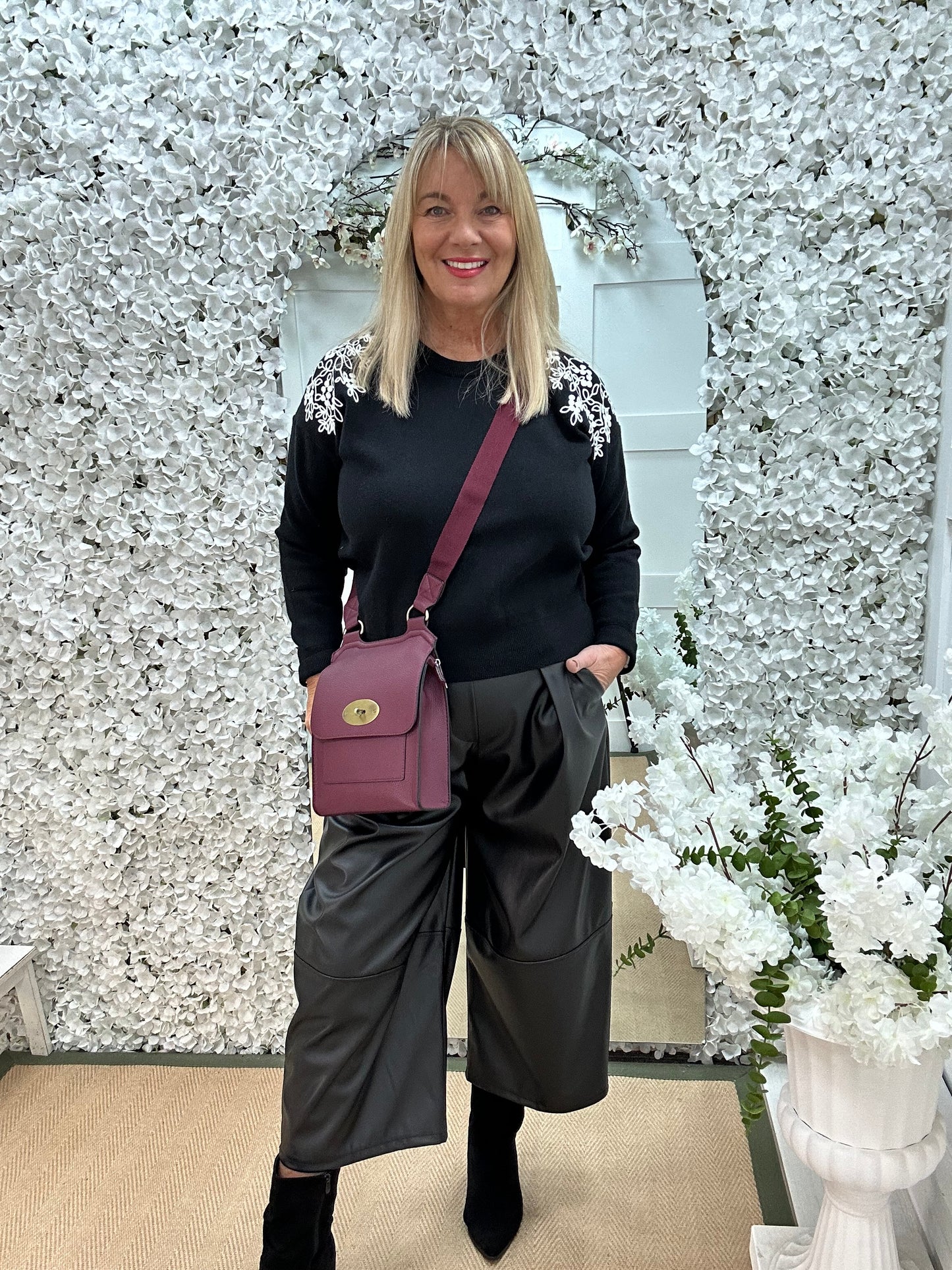 Fleur: Black embroidered shoulder knit. 2 sizes