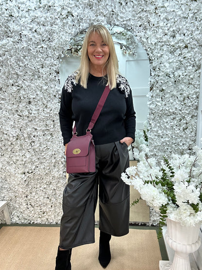 Fleur: Black embroidered shoulder knit. 2 sizes