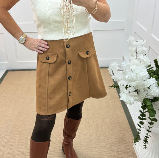 Destiny: Tan suedette pocket mini skirt. One size: 10-14