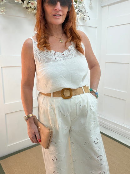 Jolie: White Broderie Anglaise wide leg belted trousers. One size: 12-16