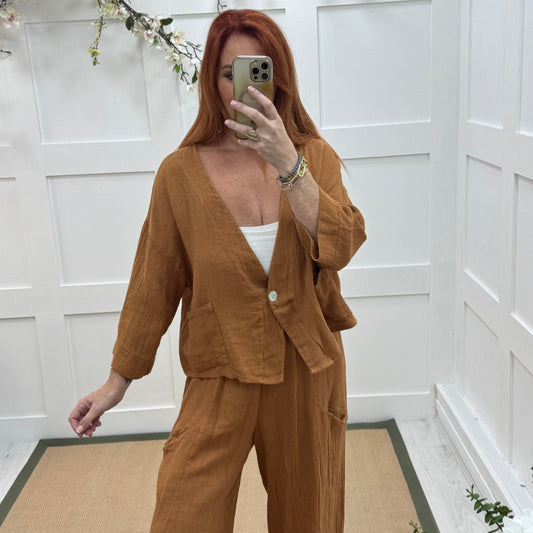Kelsey: Paprika jacket & trouser co-ord set. One size: 14-20/22