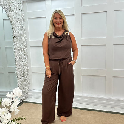 Melissa: Brown cowl neck top & trouser co-ord set. One size: 12-18
