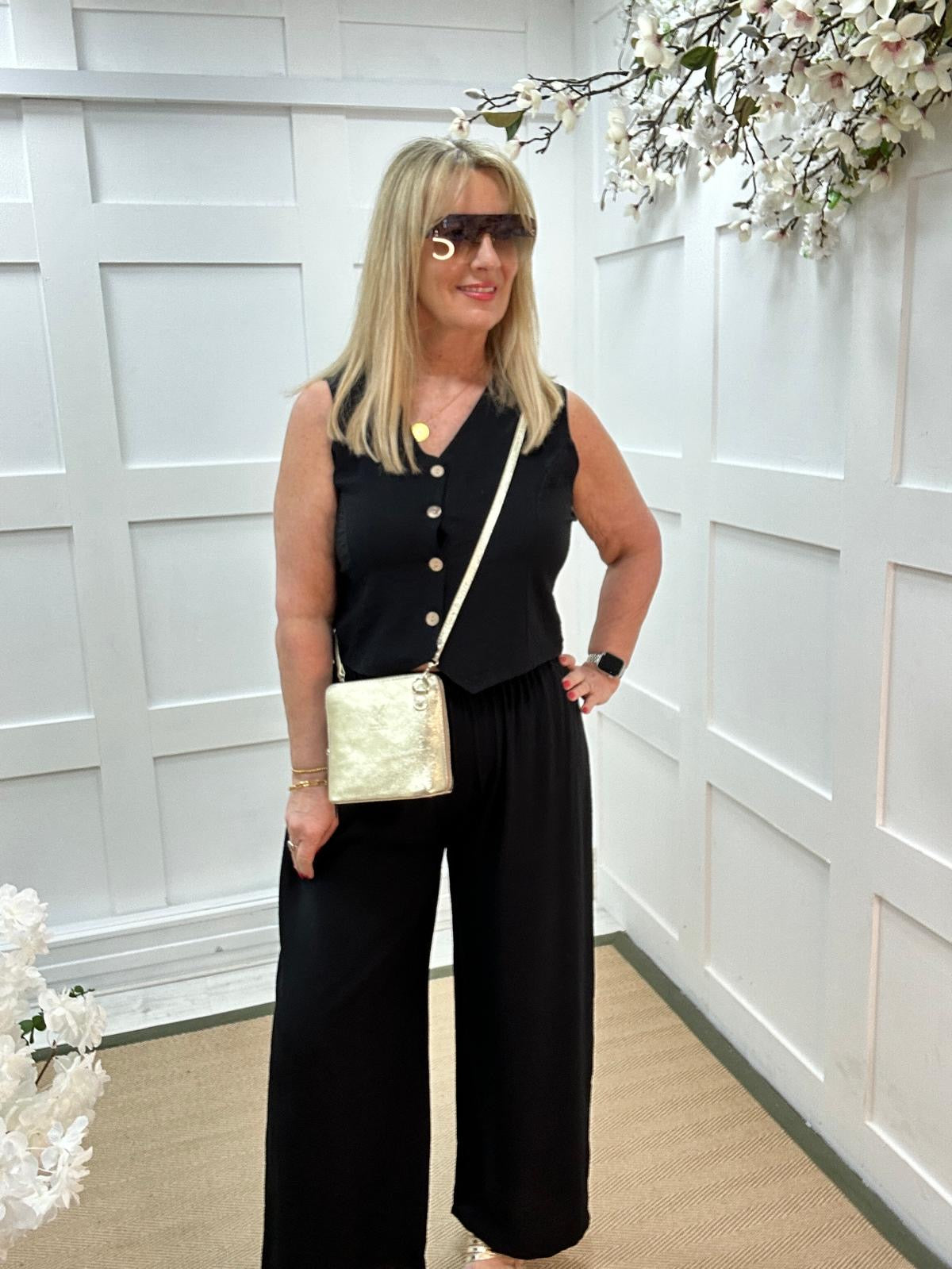 Cody: Black waistcoat two piece trouser set. One size: 12-16