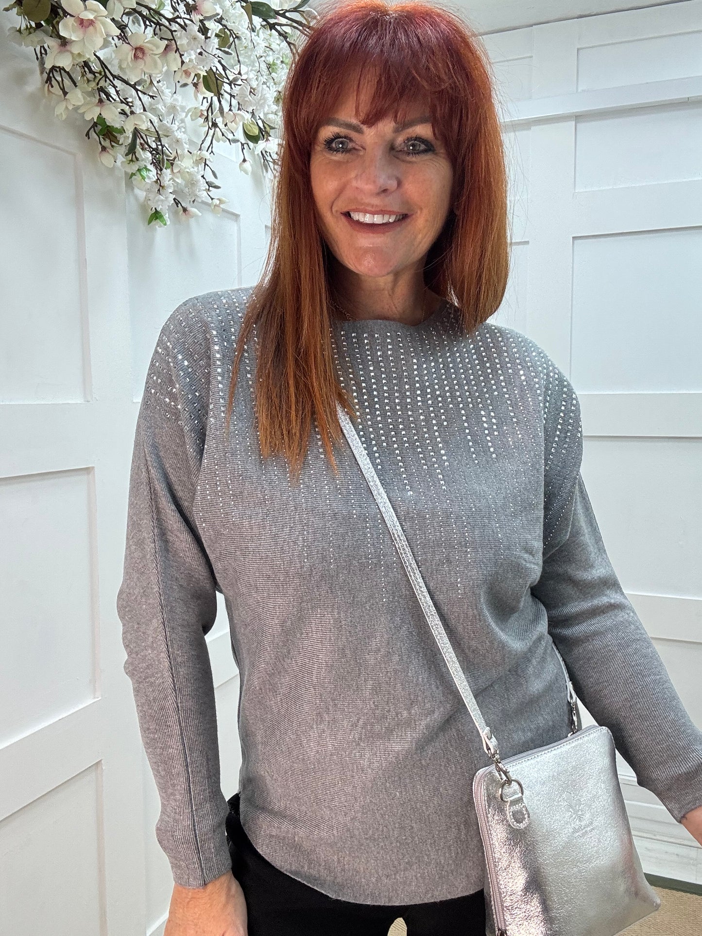 Arabella: Grey diamanté long sleeve top. One size: 12-16