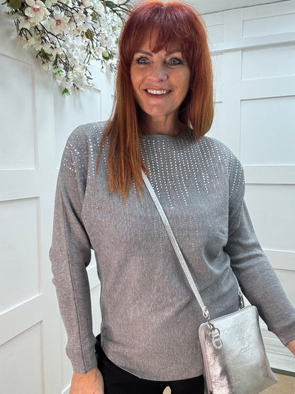 Arabella: Grey diamanté long sleeve top. One size: 12-16