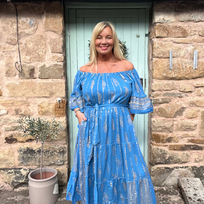 Candy: Blue gold foil maxi dress with belt. One size: 14-22