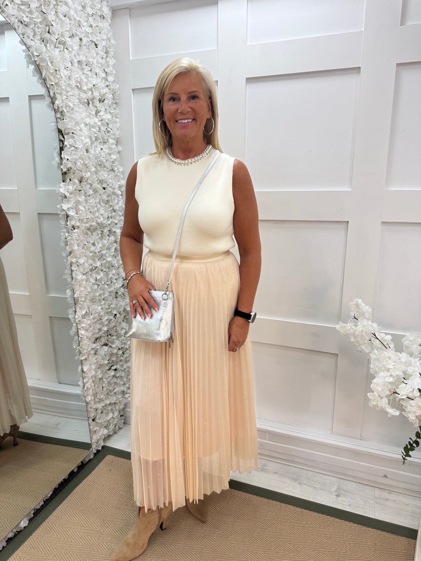 Natalie: Cream diamanté maxi skirt. One size 12-16