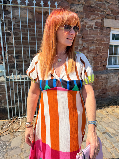 Alana: Abstract stripe V neck midi dress. One size: 10-14. 3 colours