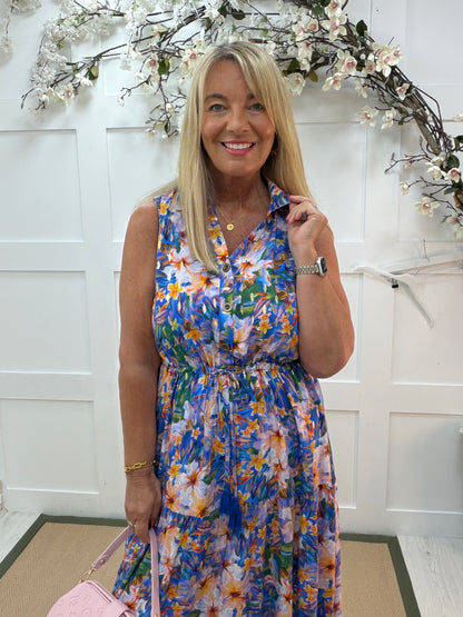 Mia: Sleeveless floral print tie waist maxi dress. One size: 12-16. 2 colours