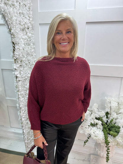 Willow: Burgundy stretchy short wrap top. One size: 10-18