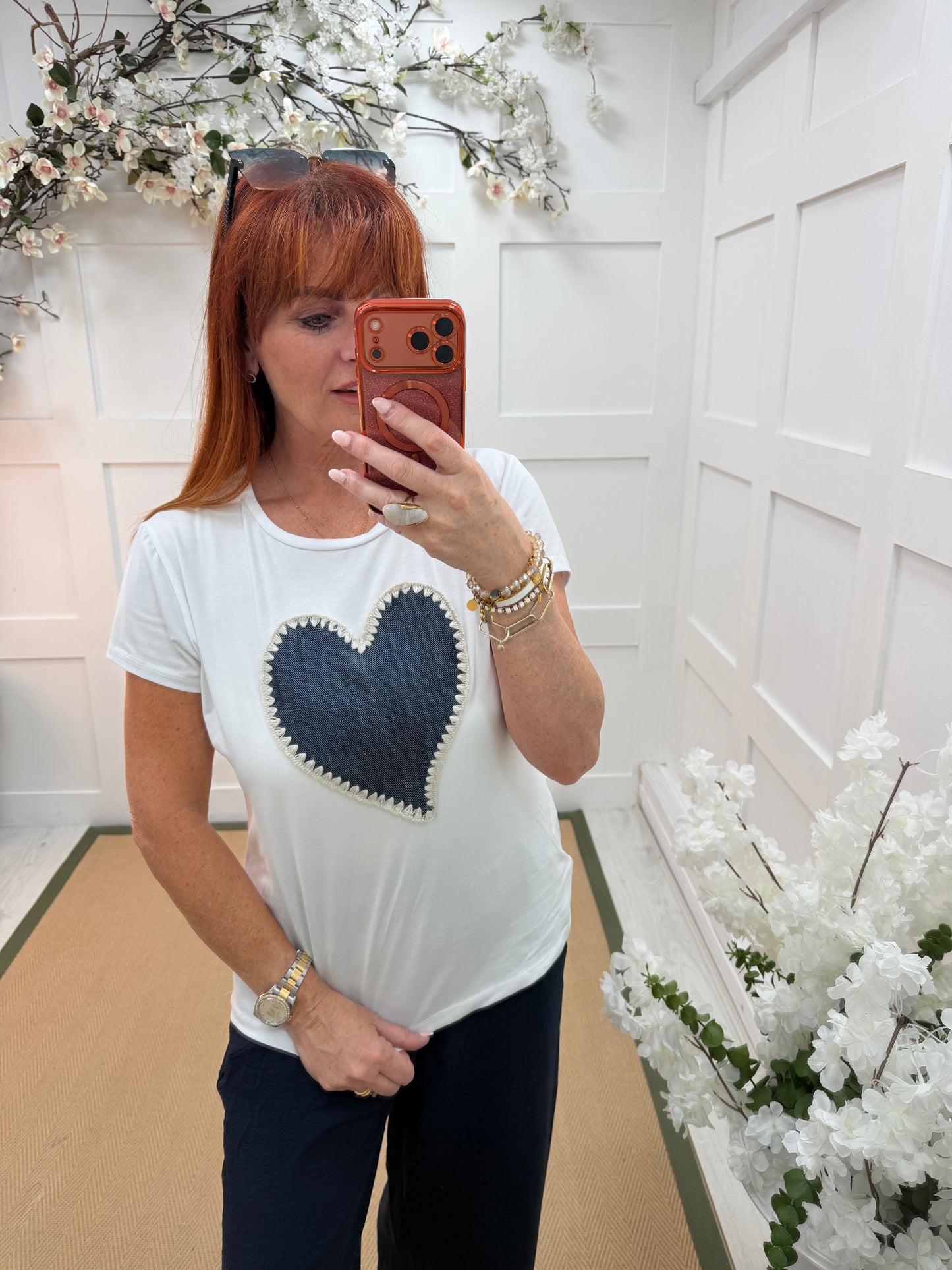Harley: White & denim embroidered heart T shirt. One size: 10-14
