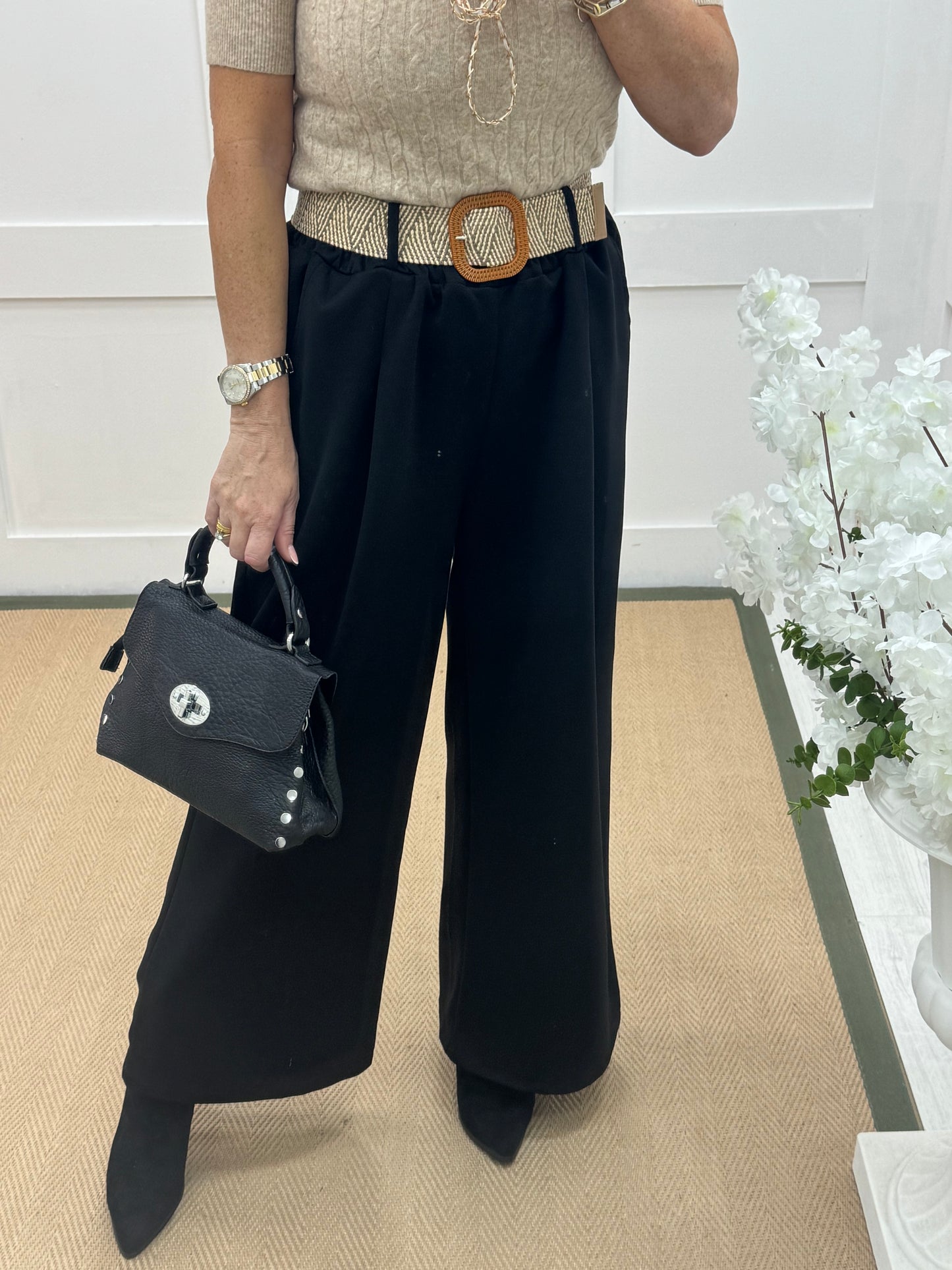 Ellis: Black stretchy wide leg belted trousers One Size: 14-20