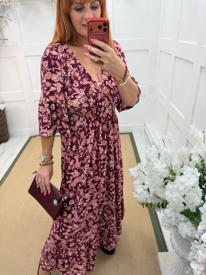 Jade: Burgundy & rust V neck magic dress. 3 sizes