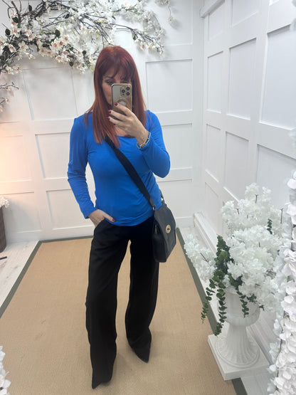 Bessie: Blue basic long sleeve top. One size: 10-16/18